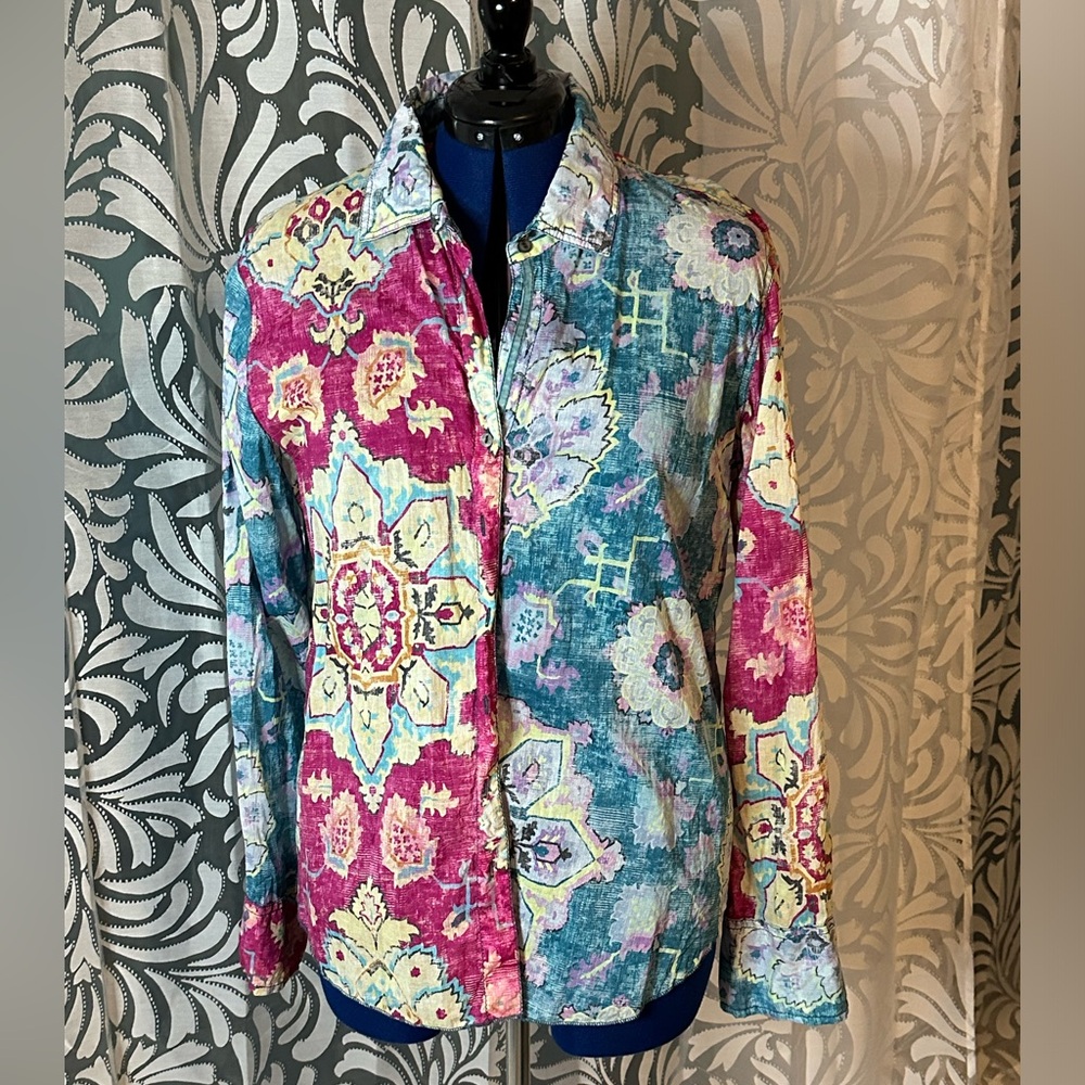 CINO Blouse Floral Crinkle Roll Up Pattern Block Shirt SZ XL